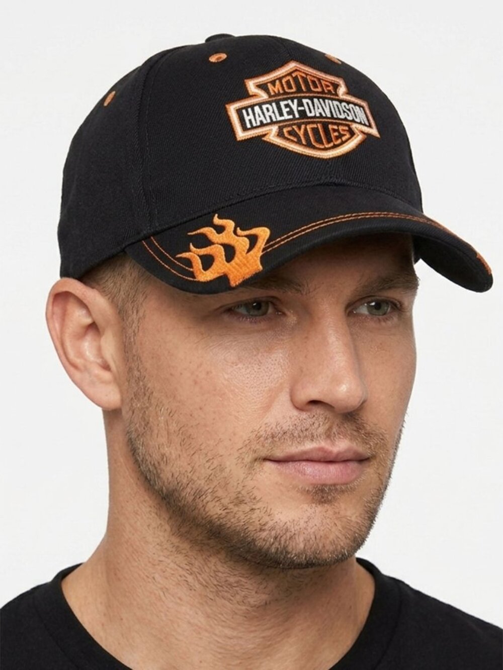 Harley Davidson Embroidered Flame Baseball Cap Adjustable Strap Black Hat